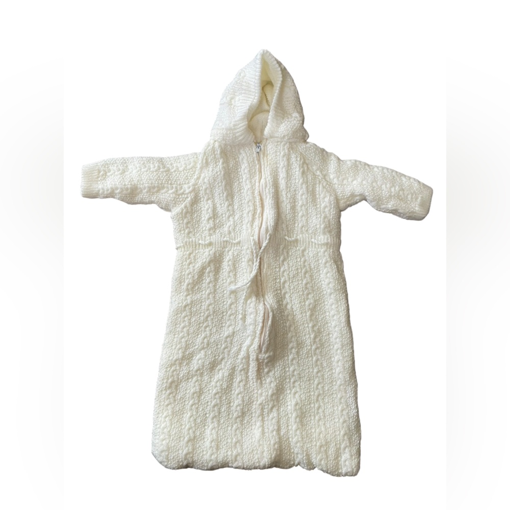 F.A.II. Vintage 70s Cream Boho Soft Knit Zip Up Hooded Infant Newborn Sleep Suit